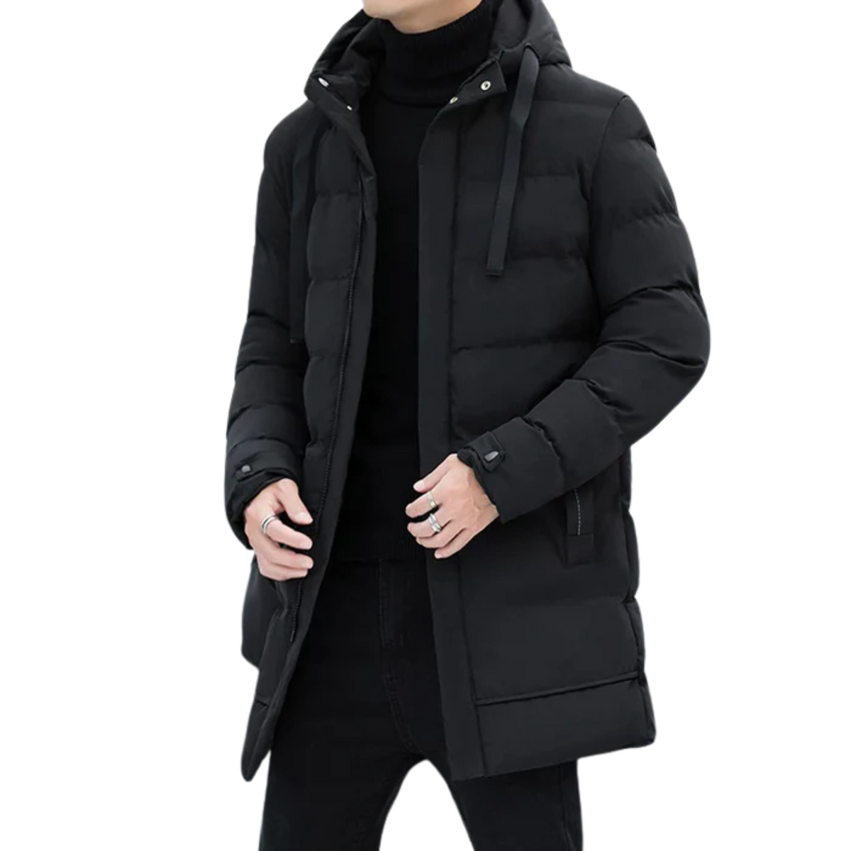 Jaqueta Puffer Masculina Alongada Montvani MV076 com isolamento térmico, modelagem ergonômica e design sofisticado para proteção contra o frio.