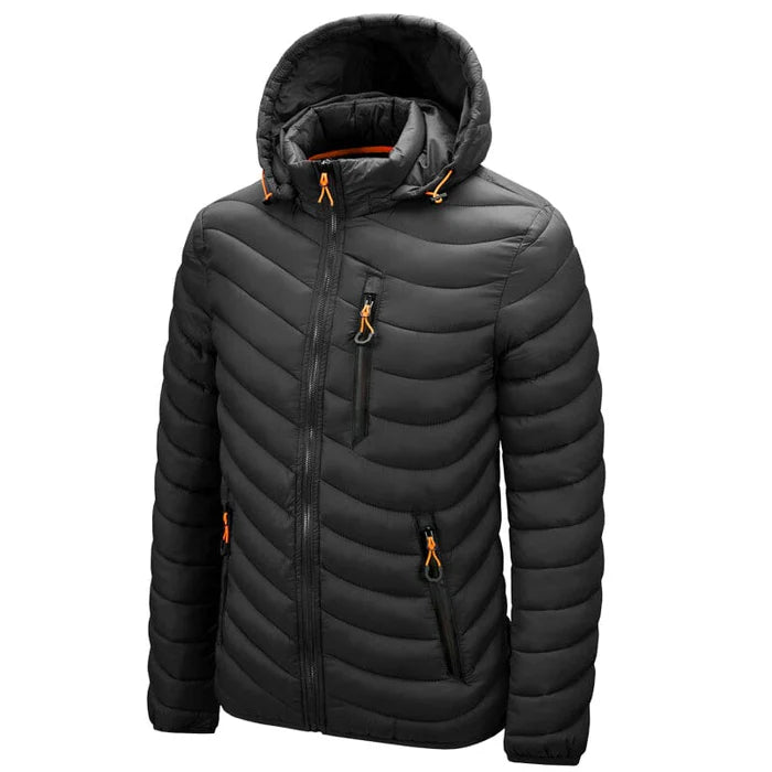 Jaqueta puffer masculina Montvani MV090, com isolamento térmico em plumas, gola alta e fechamento em zíper.