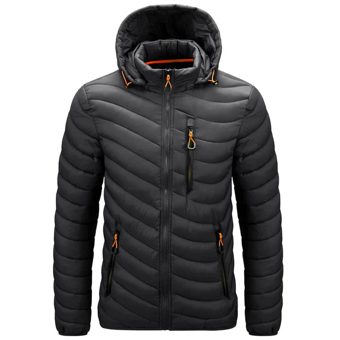 Jaqueta puffer masculina Montvani MV090, com isolamento térmico em plumas, gola alta e fechamento em zíper.