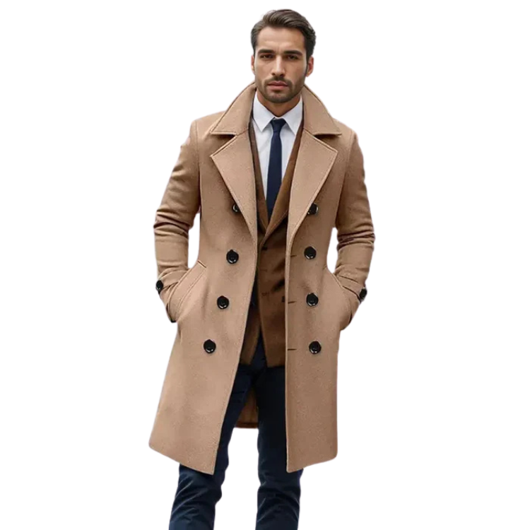 Sobretudo Masculino Longo em Lã Montvani MV232, com design transpassado, lã e algodão, forro térmico, perfeito para ocasiões formais e climas frios.